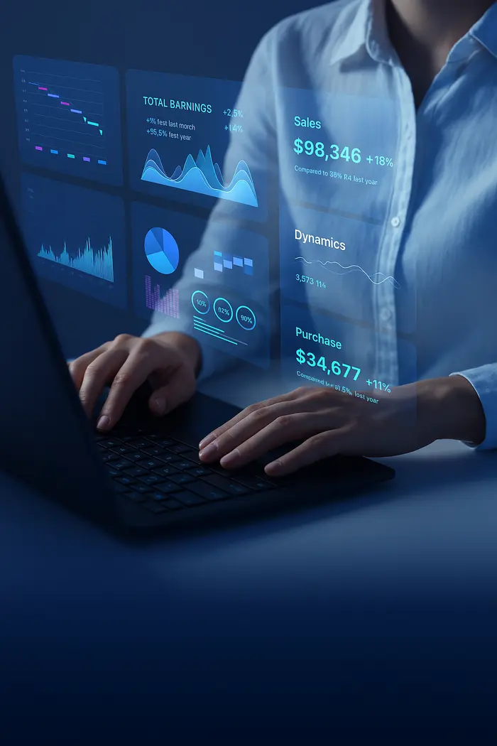 Business dashboard with sales and purchase figures on a laptop screen