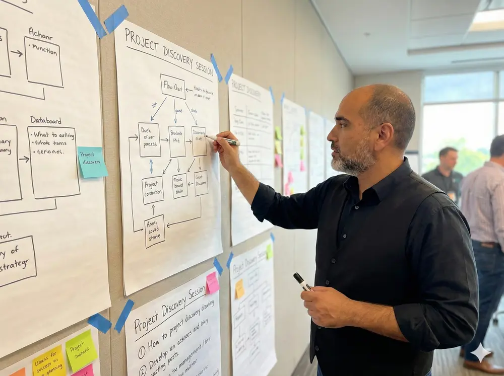 Mapping a client workflow on paper during a project discovery session